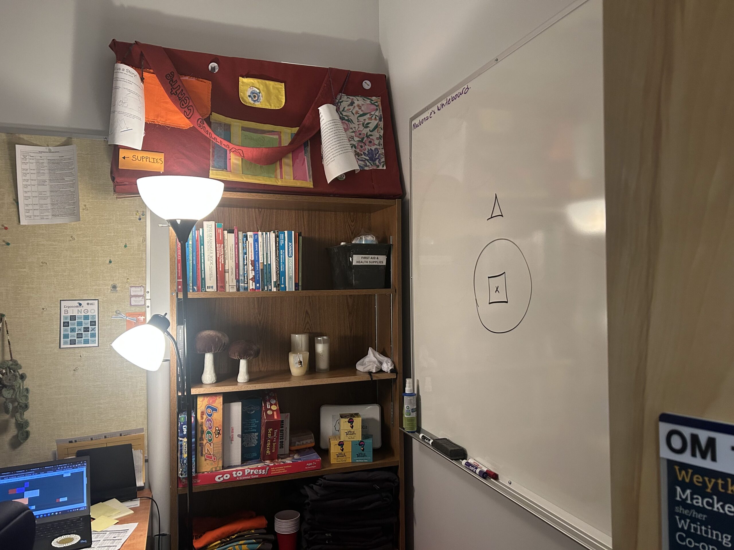 Image of a bookshelf in one of the Writing Centers offices. It holds many trinkets and books.